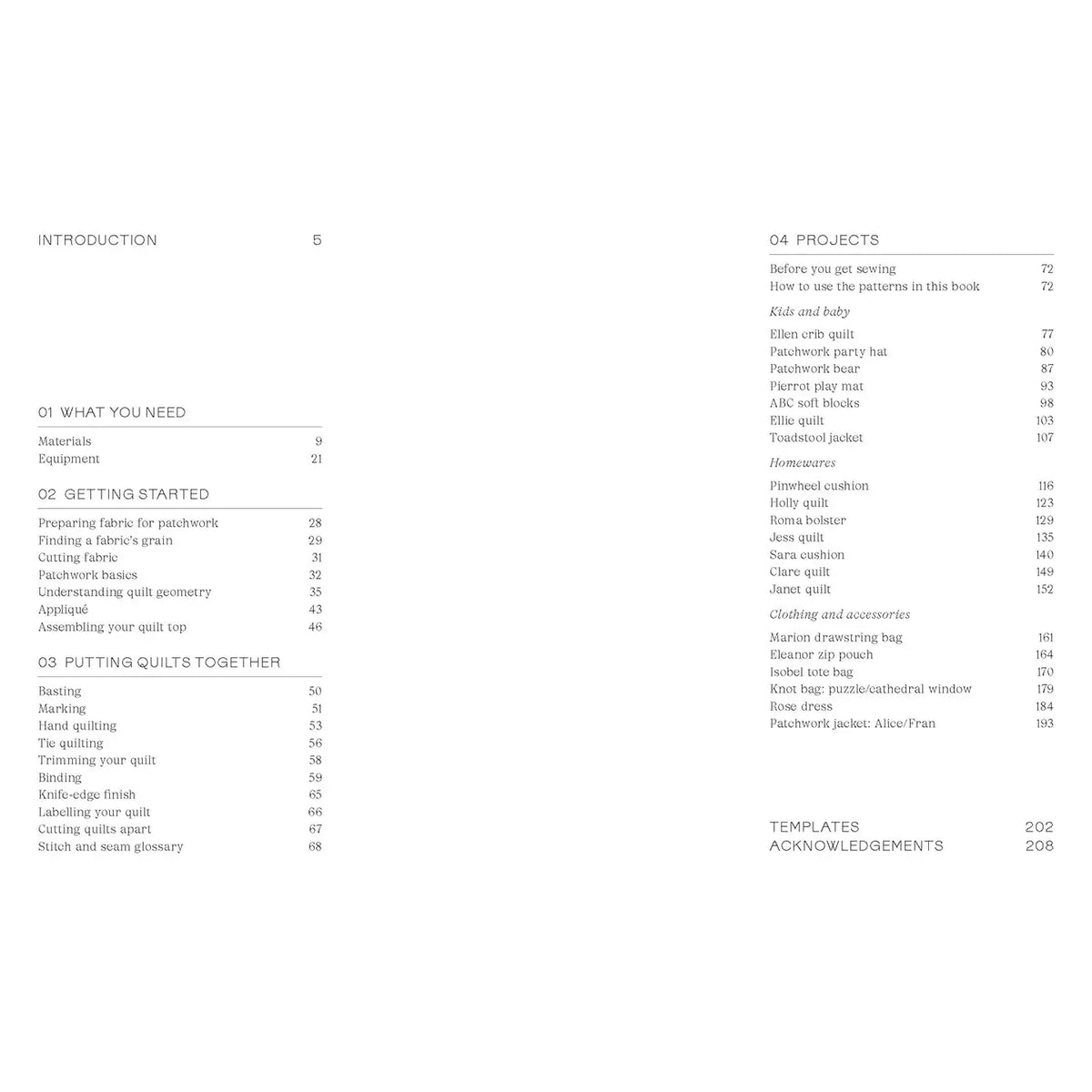 Table of contents for a sewing book on a white background