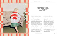 Child wearing a toadstool jacket in a living room setting with text about the jacket.