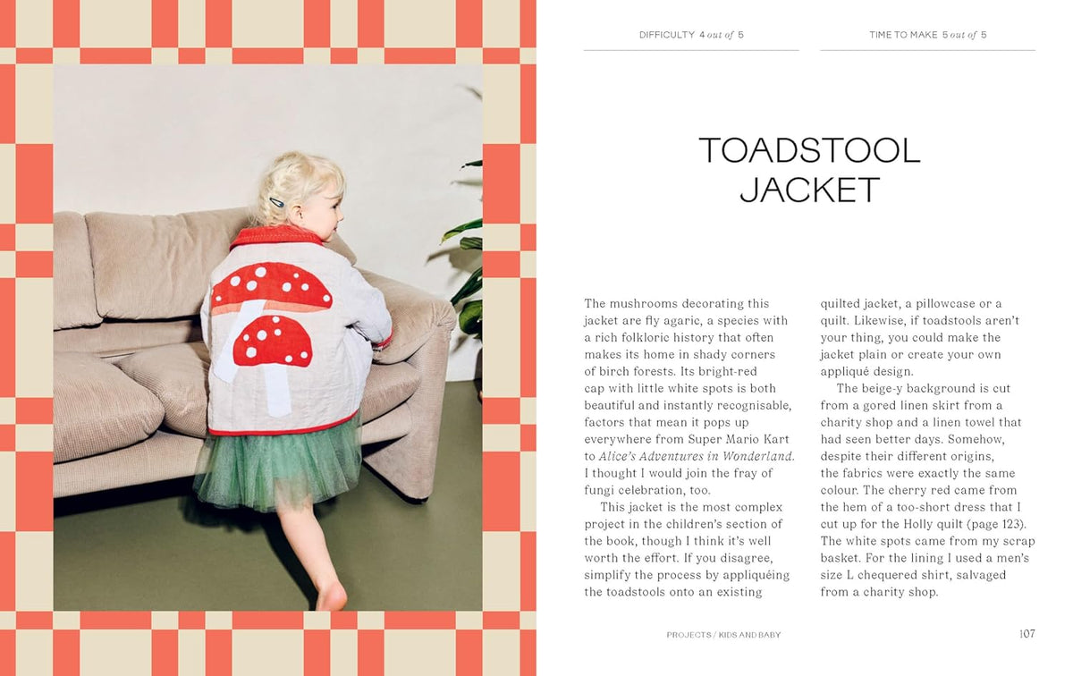 Child wearing a toadstool jacket in a living room setting with text about the jacket.