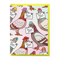 Colorful greeting card with cartoon birds wearing hats and holding 'Thank you' notes.