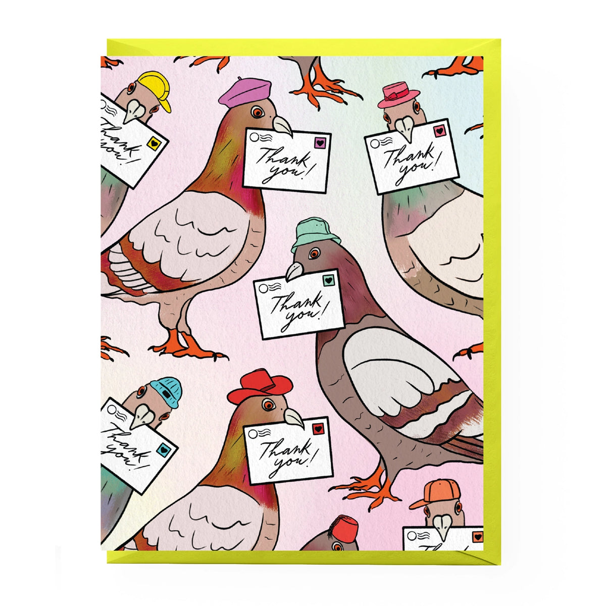 Colorful greeting card with cartoon birds wearing hats and holding 'Thank you' notes.