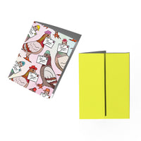 A greeting card set shown on a white background, featuring one card with an illustration of pigeons wearing hats and holding letters that say 'Thank you!', next to a chartreuse envelope.