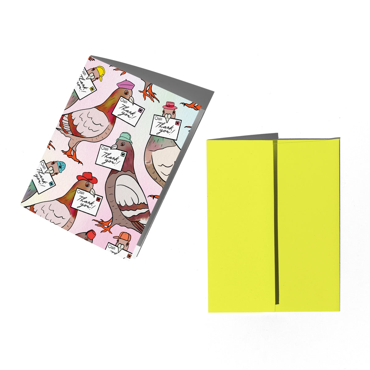 A greeting card set shown on a white background, featuring one card with an illustration of pigeons wearing hats and holding letters that say 'Thank you!', next to a chartreuse envelope.