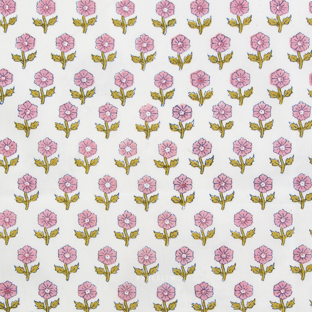 Pattern of pink flowers with green stems on a white background