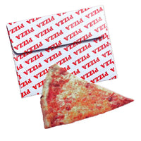 Pizza slice in front of a pizza box with 'PIZZA' printed on it.