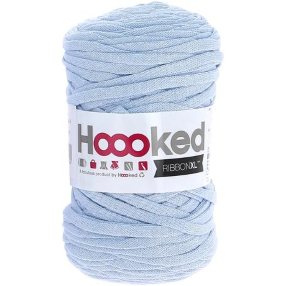 Light blue skein of yarn with 'Hoooked' label on a white background