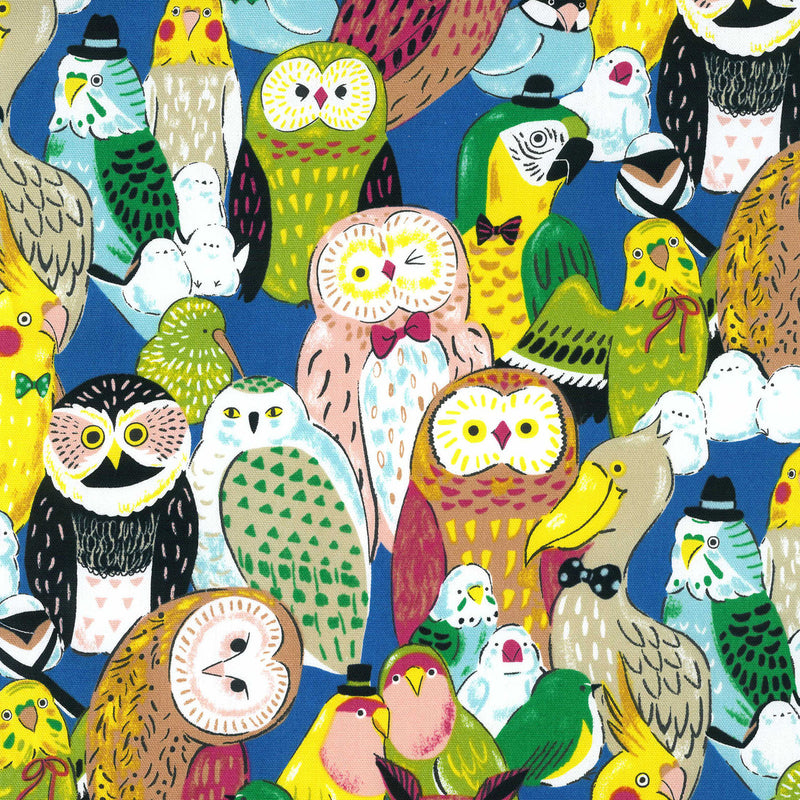 Colorful pattern of various birds on a blue background