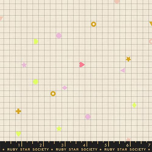 Fabric with a grid pattern with small shapes on a beige background