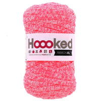 Ball of pink yarn with a Hoooked label on a white background