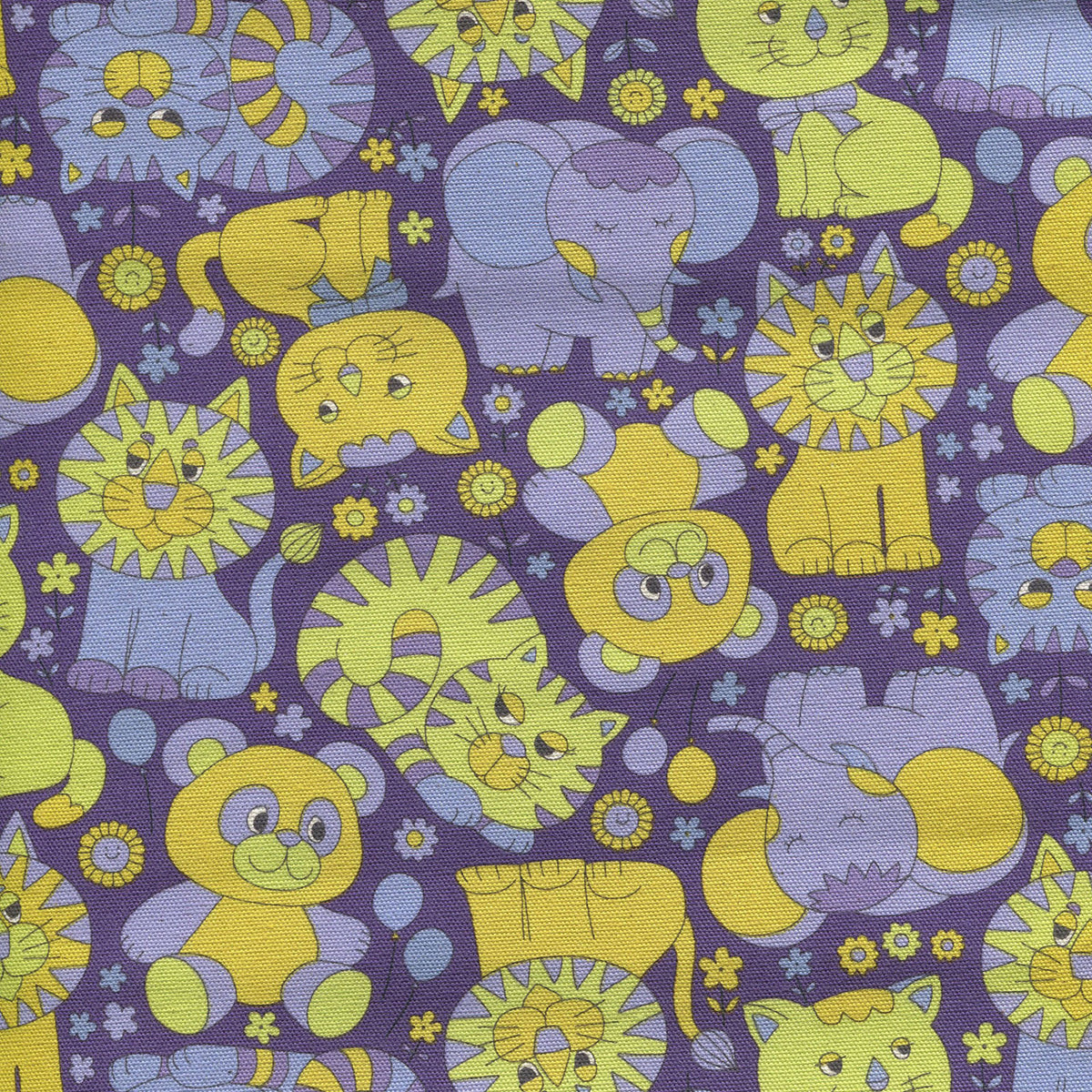 Colorful fabric pattern with cartoon animals on a purple background