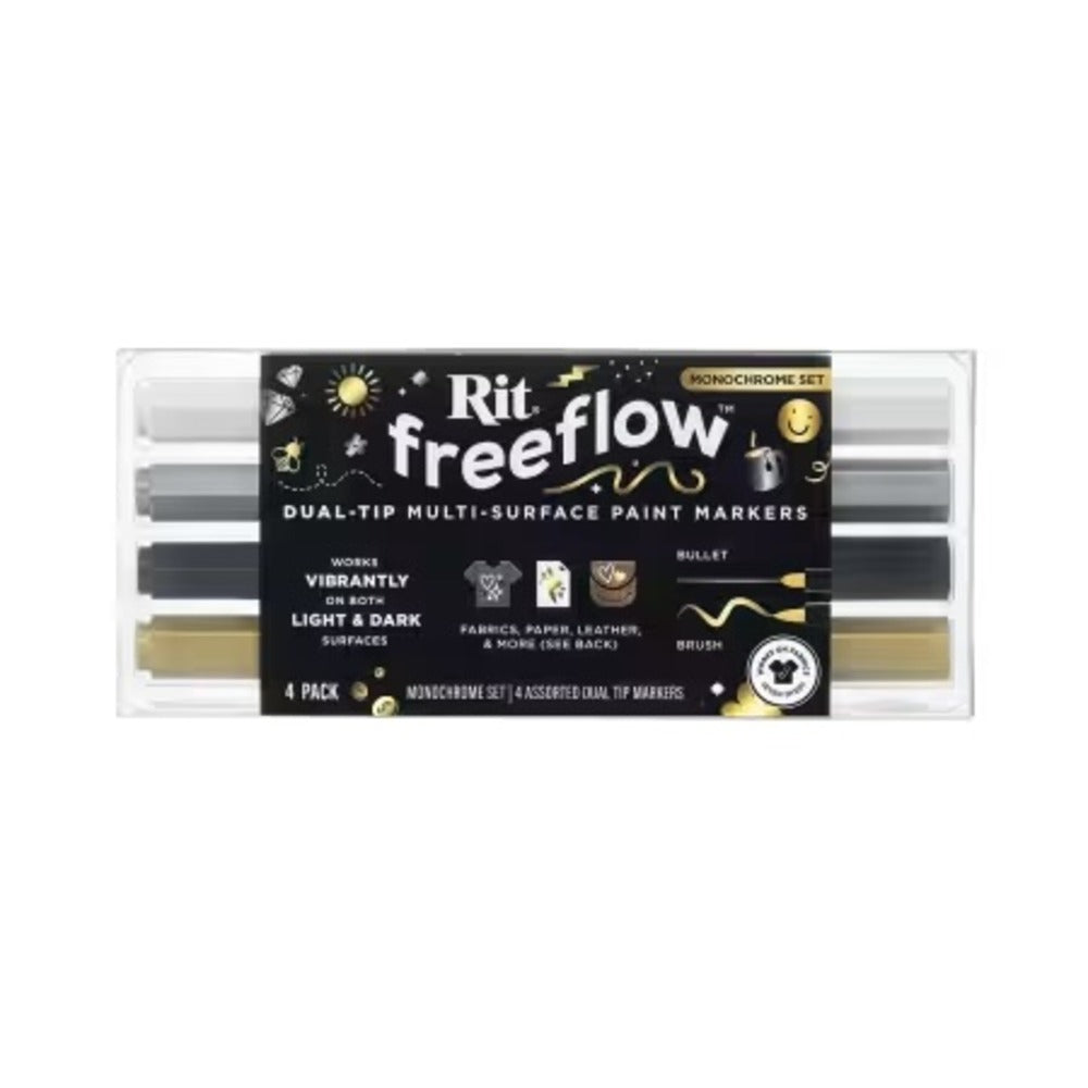 Neutral colored fabric markers inside clear plastic packaging with a label that reads "Rit freeflow"