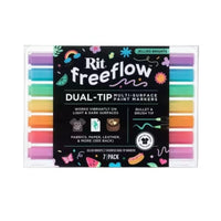Colorful fabric markers inside clear plastic packaging with a label that reads "Rit freeflow"