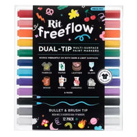 Colorful fabric markers inside clear plastic packaging with a label that reads "Rit freeflow"