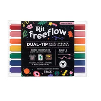 Colorful fabric markers inside clear plastic packaging with a label that reads "Rit freeflow"