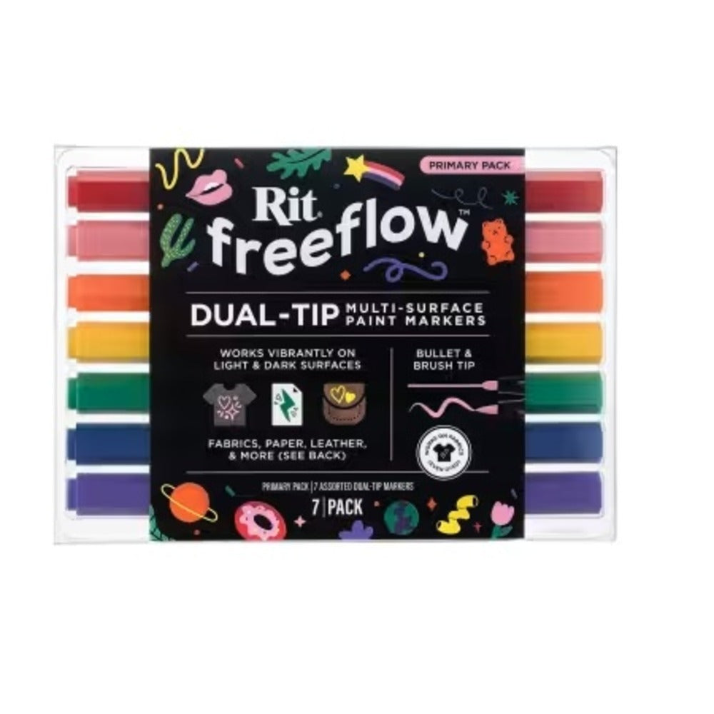 Colorful fabric markers inside clear plastic packaging with a label that reads "Rit freeflow"