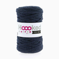 Navy blue yarn ball with 'Hooked' label on a white background