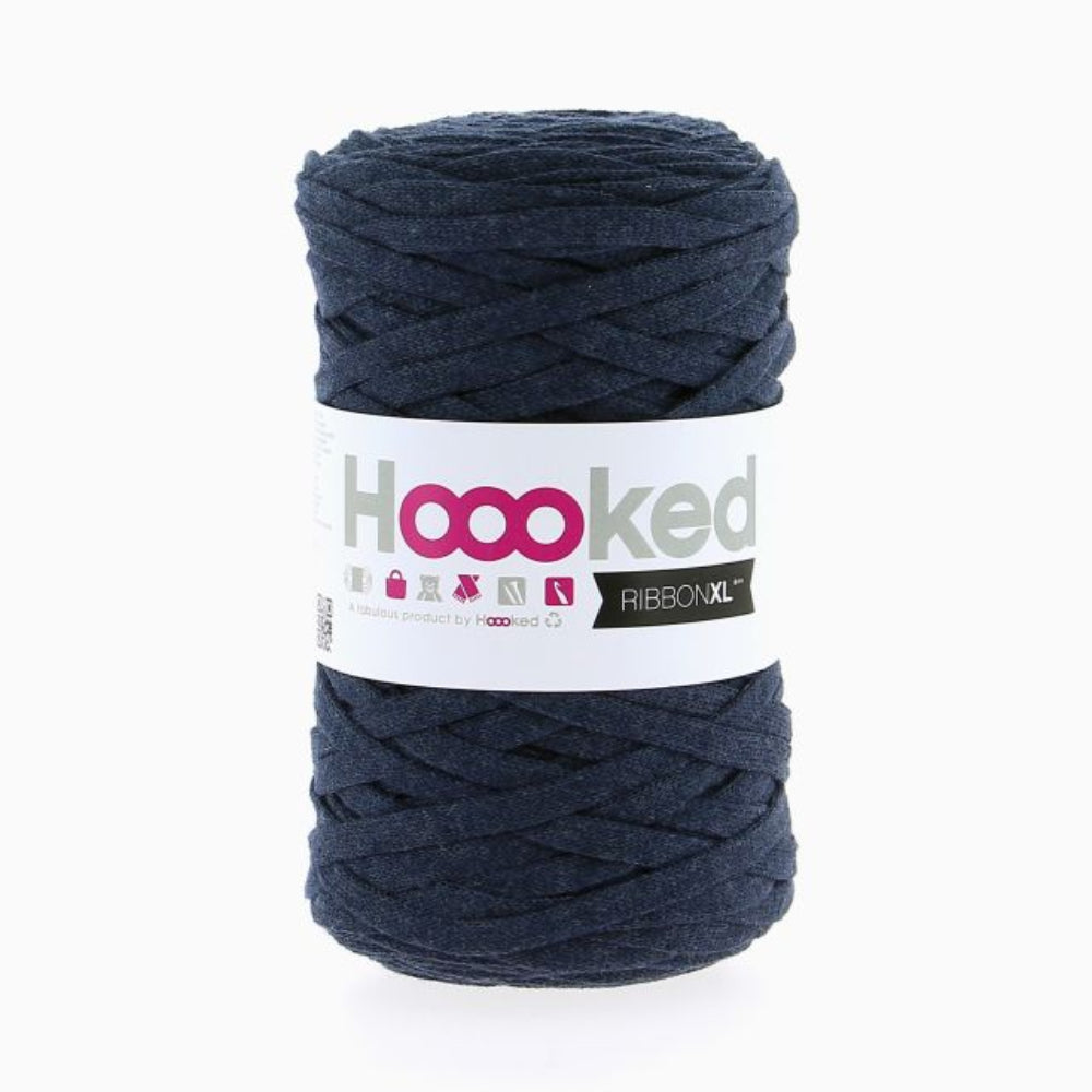Navy blue yarn ball with 'Hooked' label on a white background