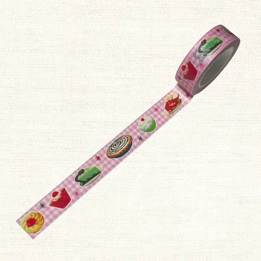 Decorative tape with cake designs on a pink checkered background