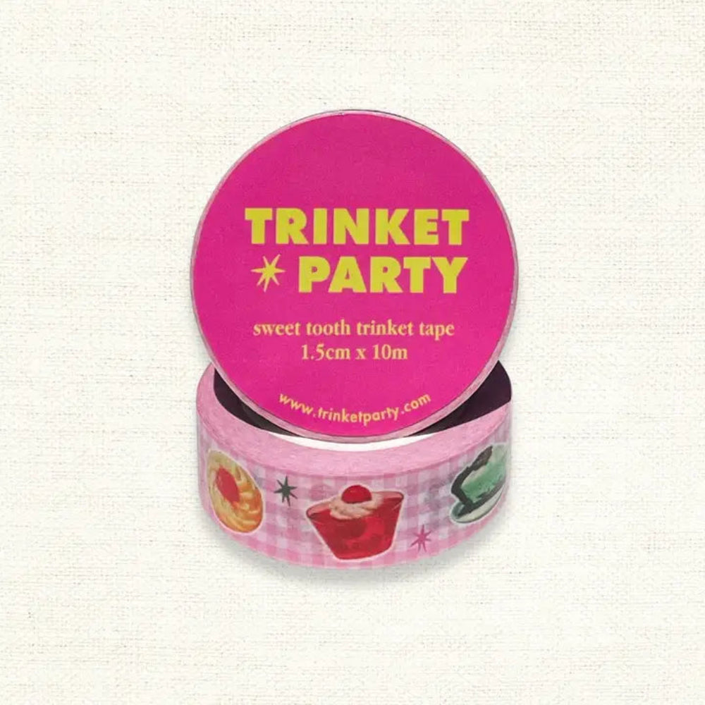 Pink washi tape with 'Trinket Party' branding on a white background