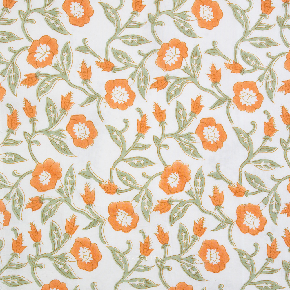 Pattern of orange flowers with green leaves on a light background