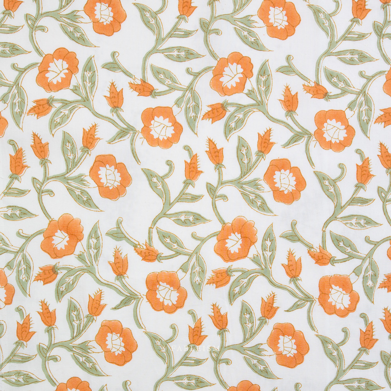 Pattern of orange flowers with green leaves on a light background
