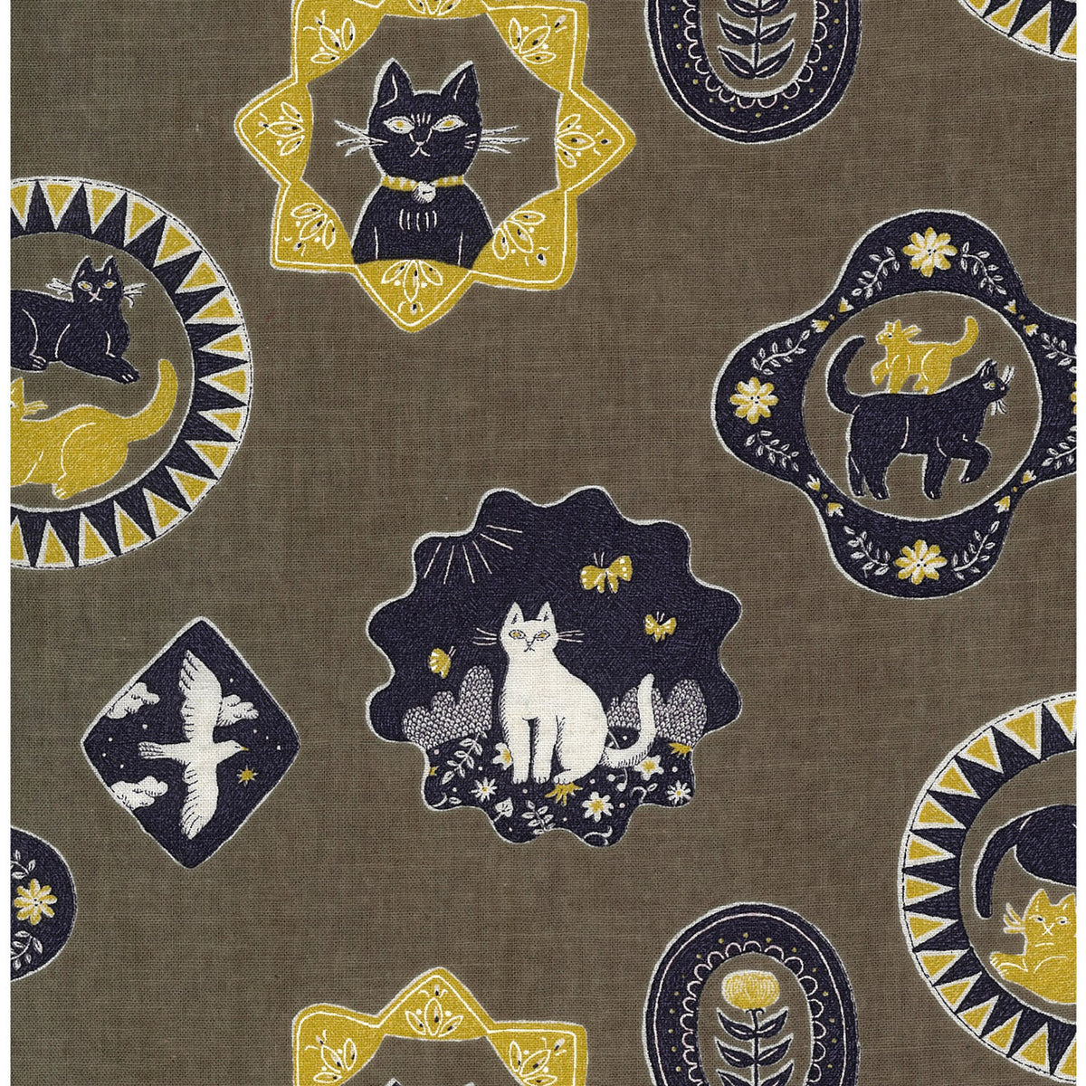 Patterned fabric with designs featuring cats, birds, and flowers on a brown background