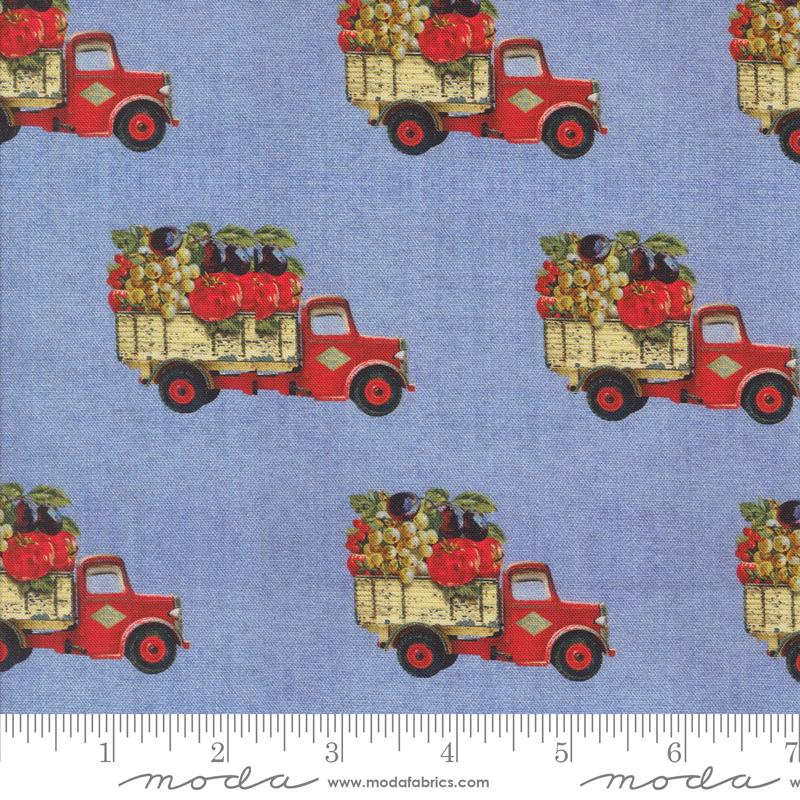 Farm trucks with fruits and vegetables on a sky blue background