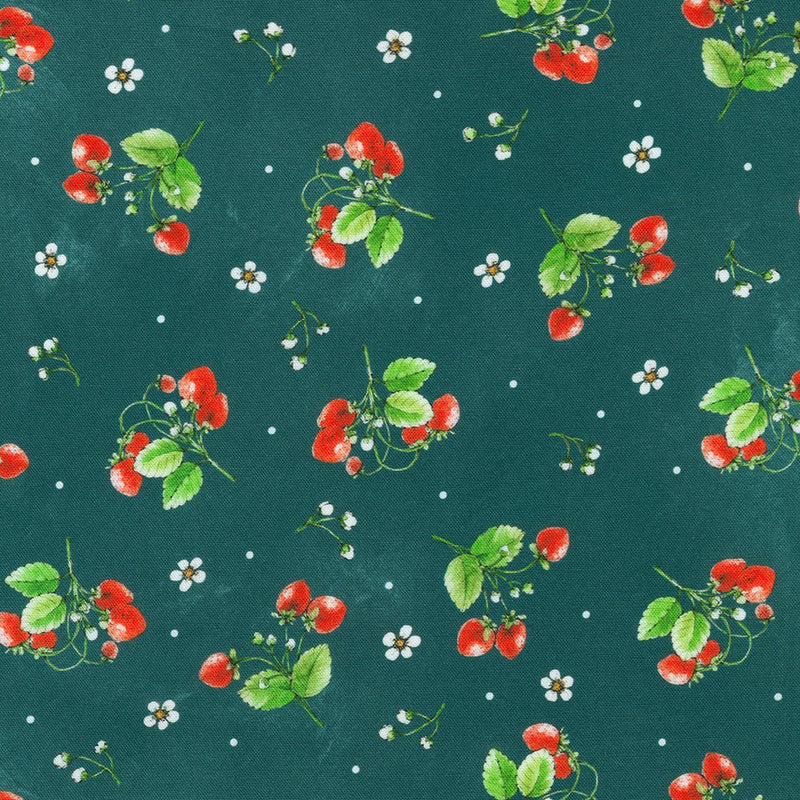 Pattern of red berries and green leaves on a teal background