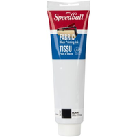 A tube of Speedball Fabric Black Printing Ink in the color Black, featuring a red, white, and blue label on a white background.