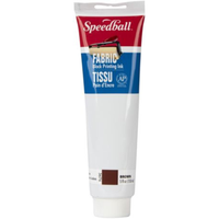 A tube of Speedball Fabric Black Printing Ink in the color Brown, featuring a white body with a red and blue label on a white background.