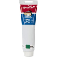 A tube of Speedball Fabric Black Printing Ink in the color Green, featuring a red, white, and blue label on a white background.