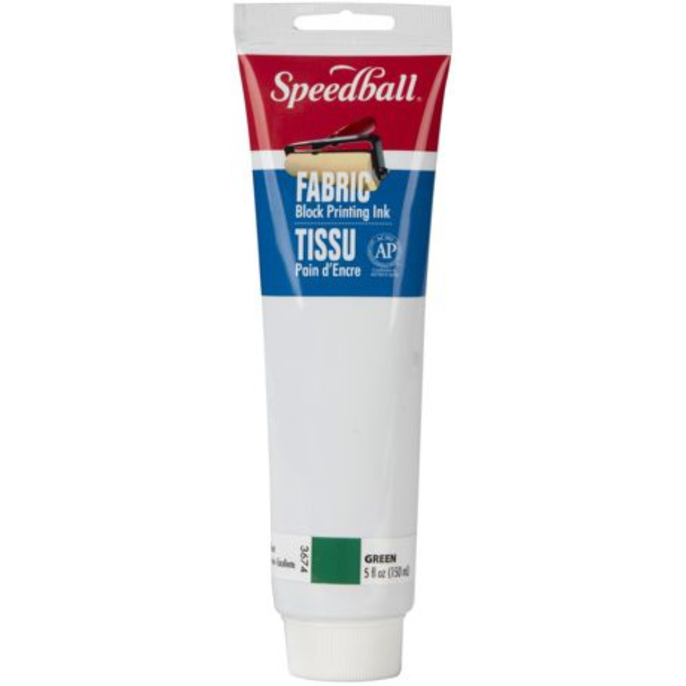 A tube of Speedball Fabric Black Printing Ink in the color Green, featuring a red, white, and blue label on a white background.