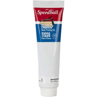 A tube of Speedball Fabric Block Printing Ink in opaque white, featuring a red and blue label with the Speedball brand logo.
