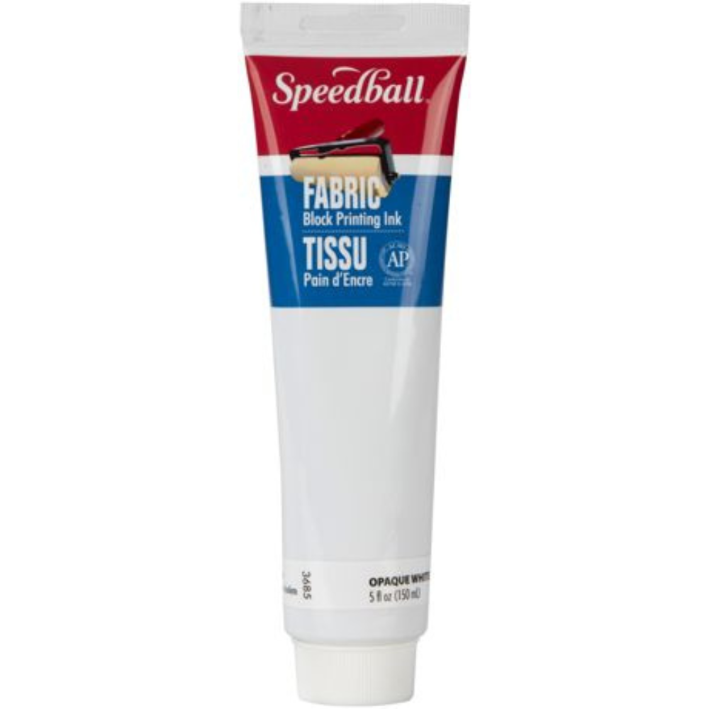 A tube of Speedball Fabric Block Printing Ink in opaque white, featuring a red and blue label with the Speedball brand logo.