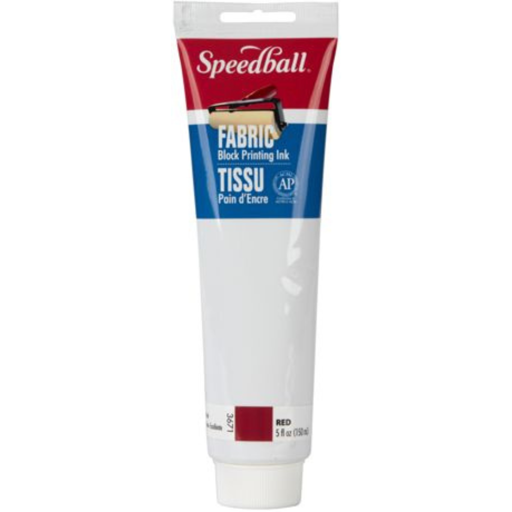 A tube of Speedball Fabric Black Printing Ink in the shade Red, featuring a white, blue, and red label on a plain white background.
