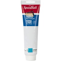A tube of Speedball Fabric Block Printing Ink in the color Turquoise, featuring a white body with a red and blue label at the top.