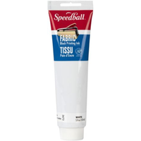 A tube of Speedball Fabric Block Printing Ink in White, featuring a red, white, and blue label with a hanging hole at the top.