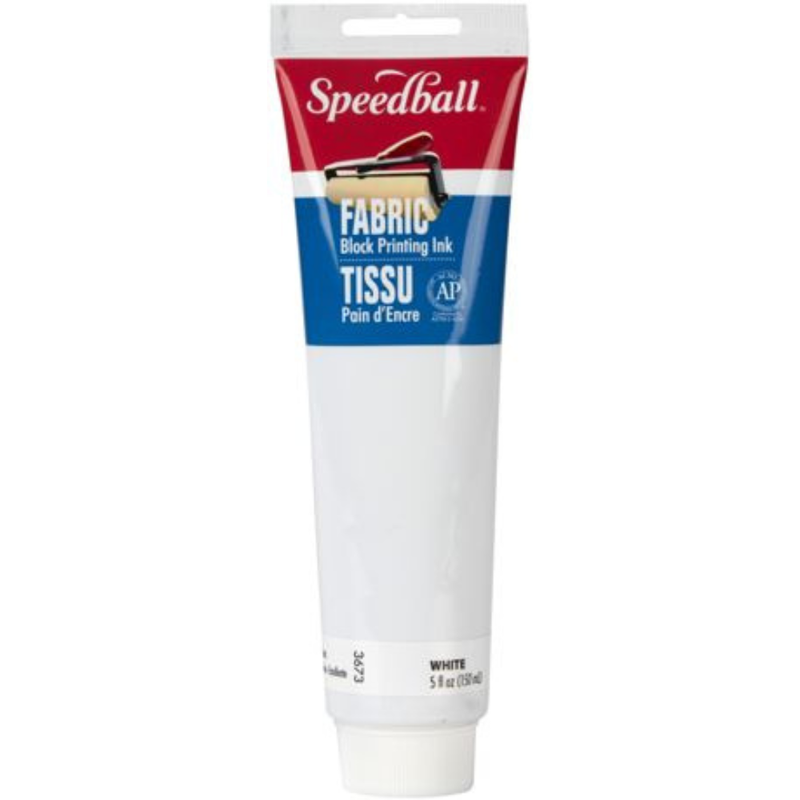 A tube of Speedball Fabric Block Printing Ink in White, featuring a red, white, and blue label with a hanging hole at the top.