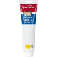 A tube of Speedball Fabric Block Printing Ink in the color Yellow, featuring a white body with a red and blue label.