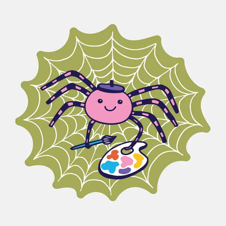 Cartoon spider painting on a web with a palette of colorful paint