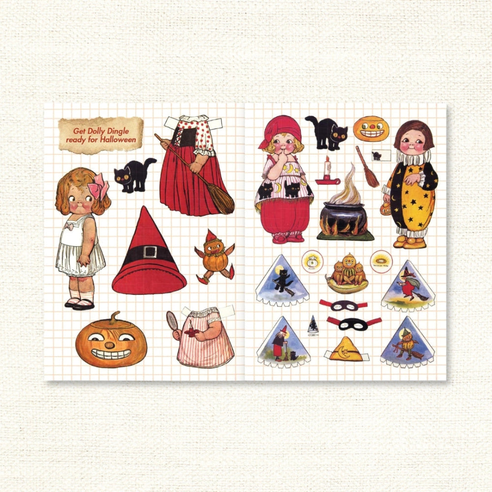 A spread from the 'Spooky Season Playbook' showing images of cute vintage-style characters and Halloween motifs like jack-o-lanterns and black cats