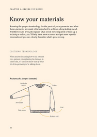 Book page with text on clothing terminology and a diagram of a sweater.
