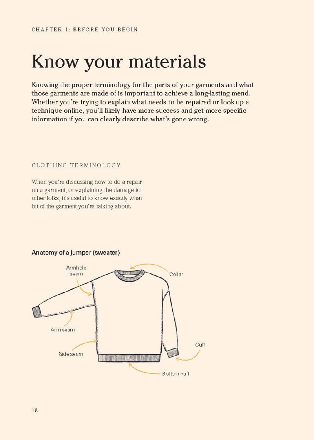 Book page with text on clothing terminology and a diagram of a sweater.