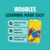 Promotional graphic for 'The Woobles' with a phone showing a crochet tutorial on a teal background.