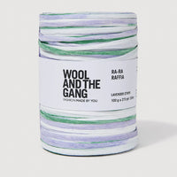 Spool of Wool and the Gang RA-RA Raffia in lavender and green on a white background