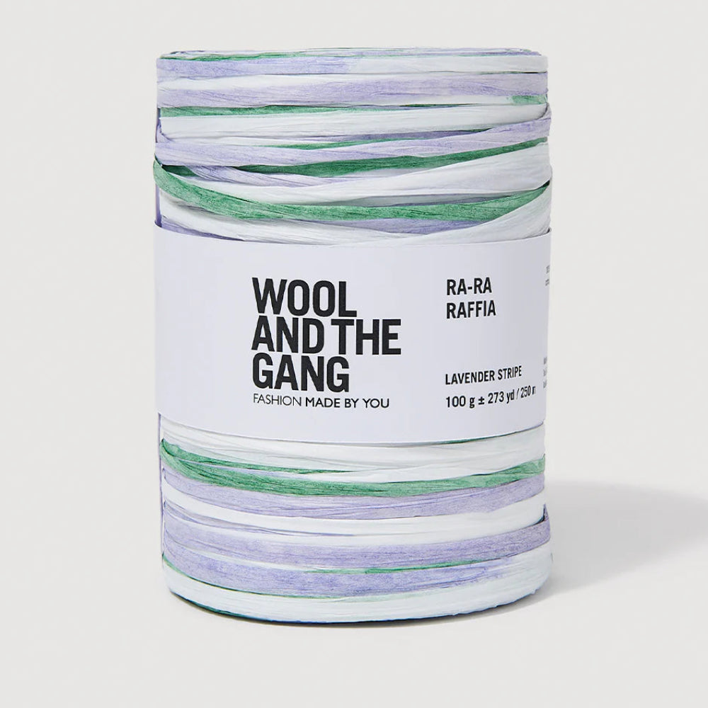 Spool of Wool and the Gang RA-RA Raffia in lavender and green on a white background