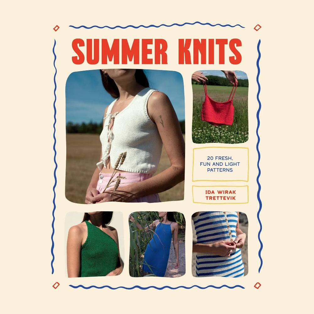 Book cover of 'Summer Knits' with images of people wearing knitted clothing and a red tank top.