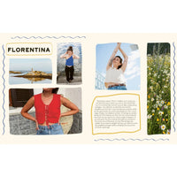 Collage of a woman in poses with various knitted tank tops on. 