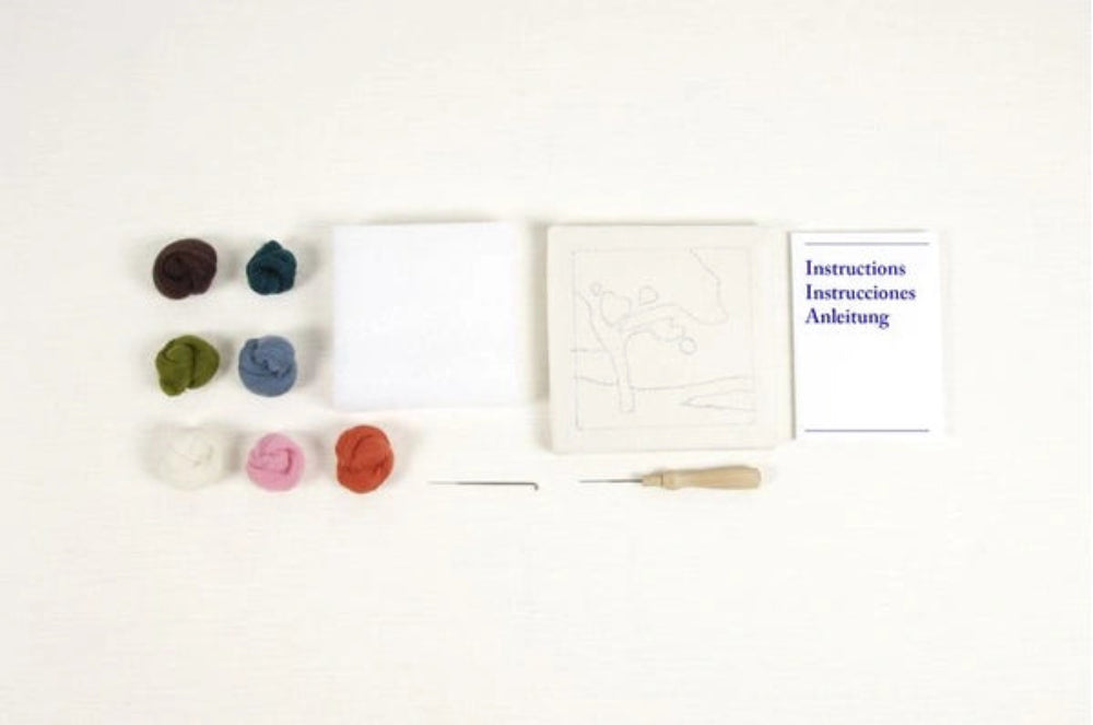 Set of wool balls and felting needles with a white instruction book on a white background