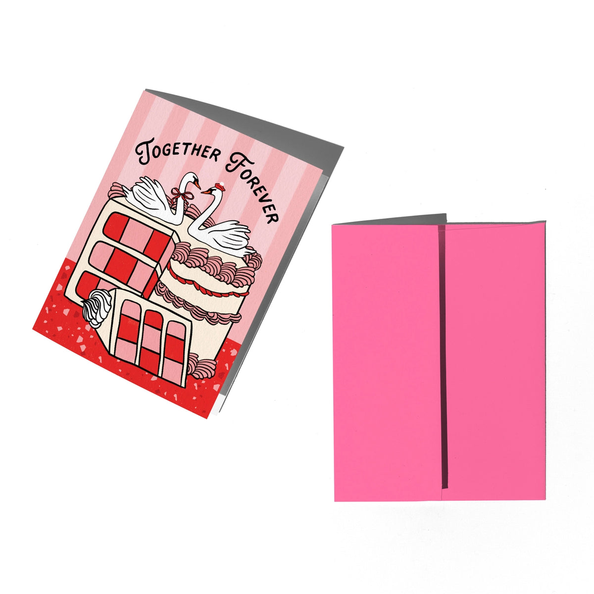 A pink greeting card set shown on a white background, with the card standing upright displaying a pink cover illustration of swans on a cake and the words 'Together Forever,' and a pink envelope beside it.